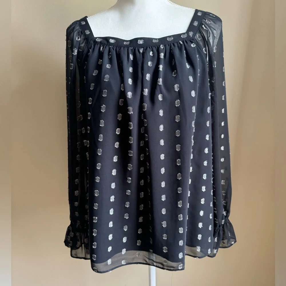 🔥HP🔥 Talbots Petite Sheer Black Blouse with Silver Metallic Accents NWT - Picture 1 of 8